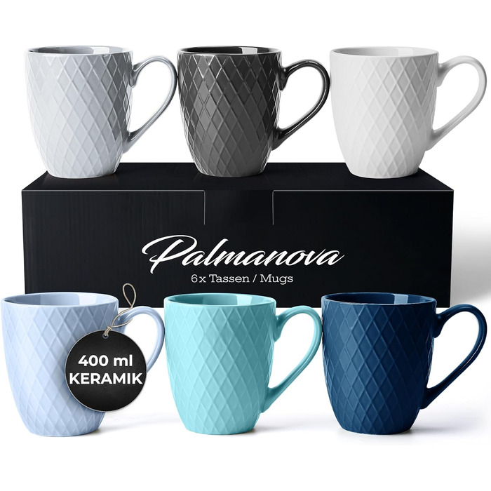MIAMI – 6 x 400 ml – Coffee Cup Set/Mugs – Modern Matte Ceramic Cup – Large Coffee Cup – Palmanova Collection (Ocean)