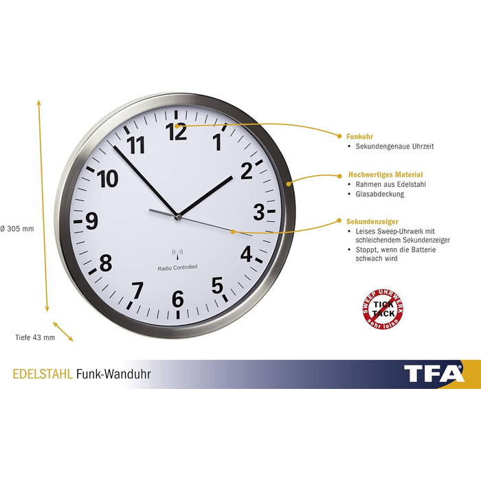 TFA Dostmann Analog Wall Clock Radio, with Stainless Steel Frame, Large, 30cm Diameter, White, 60.3523