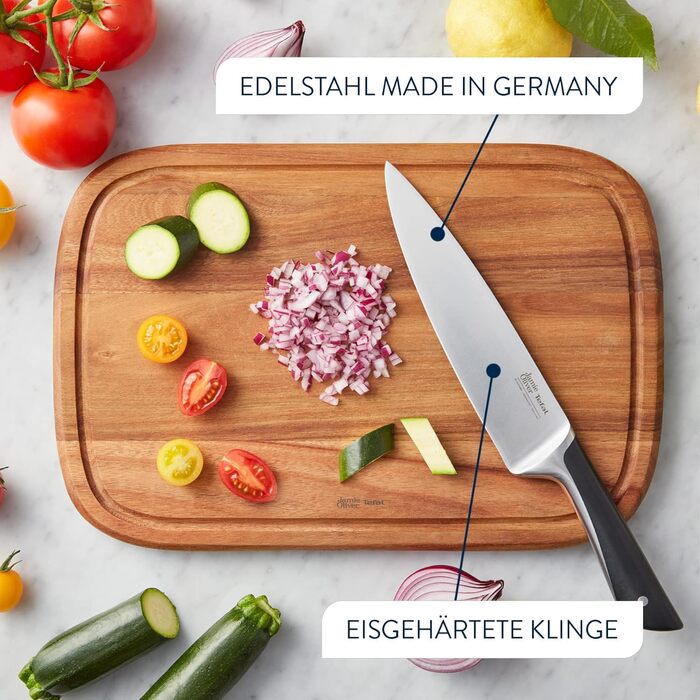 Набір кухонних ножів Jamie Oliver by Tefal (6 предметів): шеф-ніж, ніж Сантоку, ніж для хліба, універсальний ніж, ніж для овочів + блок з акації, сталь, коричневий K267S556