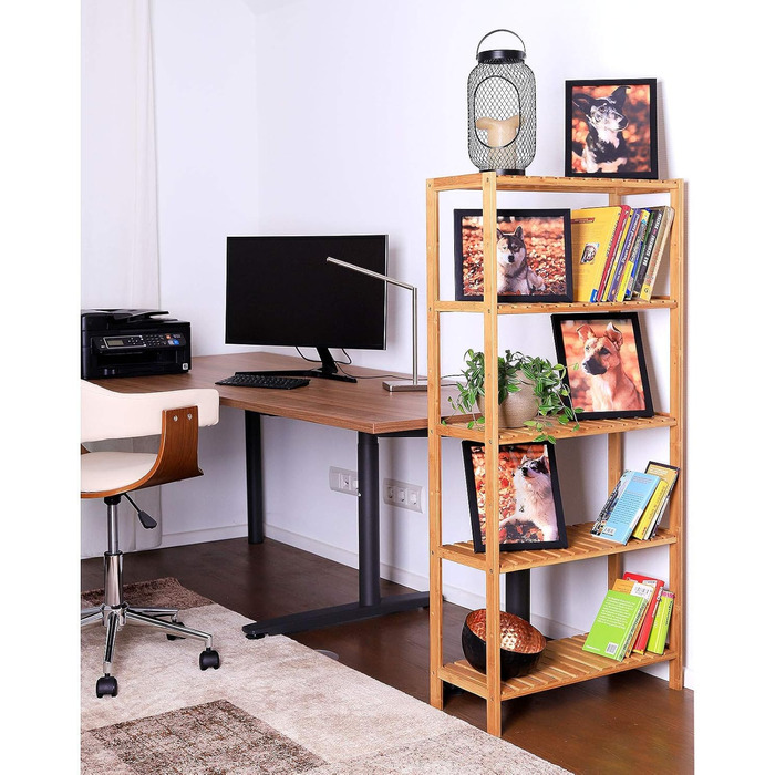 Dibea Bamboo Shelf with 5 Adjustable Shelves - Shoe Rack, Bathroom Shelf, Living Room Shelf, Standing Shelf, Bathroom Shelf, Book Shelf, Kitchen Shelf, combinable with a shelf wall - 60x26x130 cm, natural color
