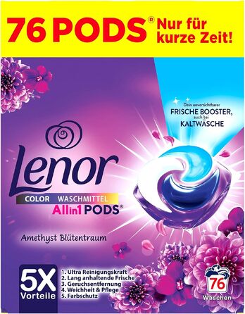 Капсули для прання кольорових речей Lenor All-in-1 PODS Amethyst Blütentraum, гігієнічне глибоке очищення та тривала свіжість, 76 шт
