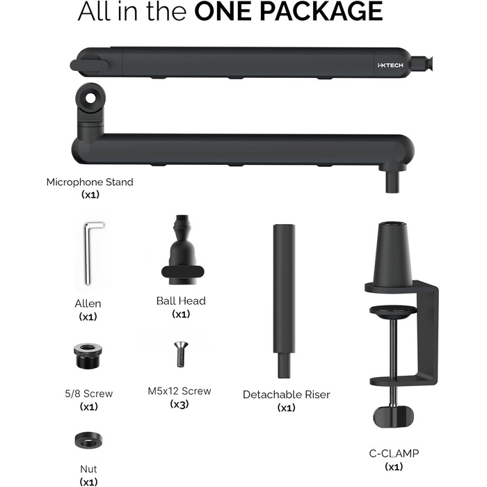 Тримач для мікрофона IXTECH RGB з низьким профілем, регульований кріплення для мікрофона зі стійкою, поворотний мікрофонний стійка з кабельною організацією для подкастів та стрімінгу (6 Viper)