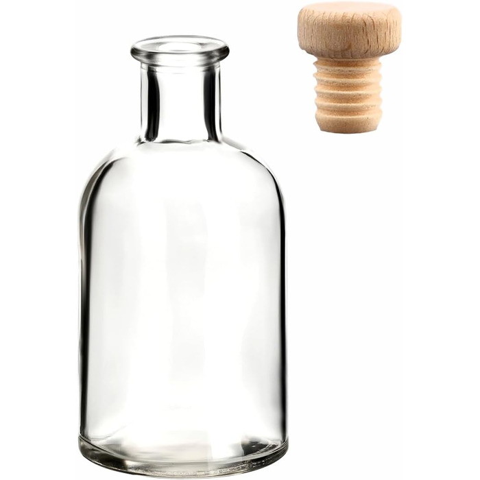 Gouveo 24-Piece Glass Bottles 100 ml Apothecary Design Round with Corks (HGK) - Small 0.1 l Glass Bottle for Liqueur, Oil, Vinegar, Decor (AFRT100HGK)