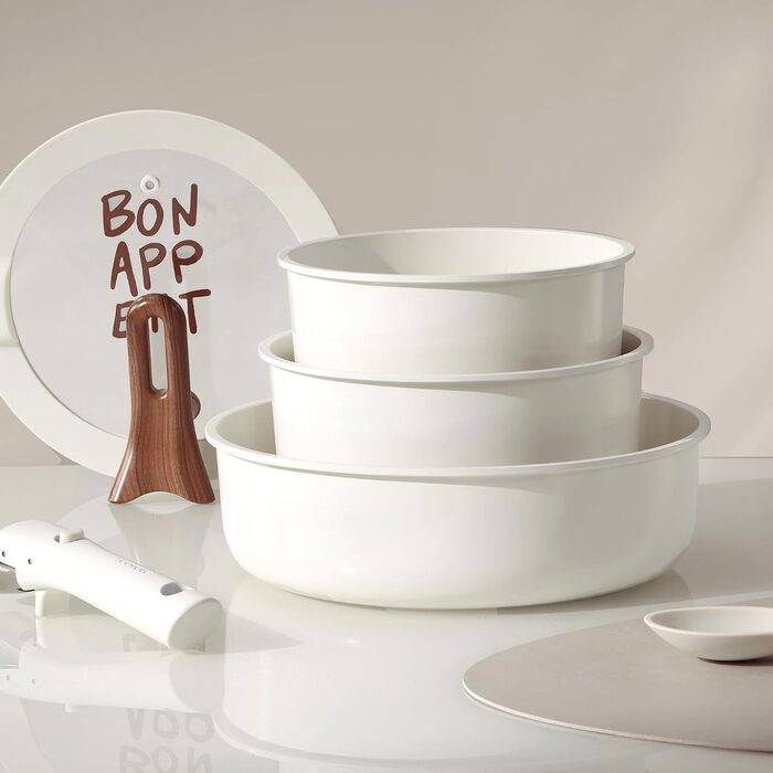 Набір посуду Carote 18 предметів: каструлі та сковороди з керамічним антипригарним покриттям, знімні ручки, індукція, кремово-білий