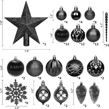 100 шт. прикраси на ялинку, чорні кулі для ялинки, набір прикрас з верхівкою для ялинки, шматостійкі прикраси для ялинки