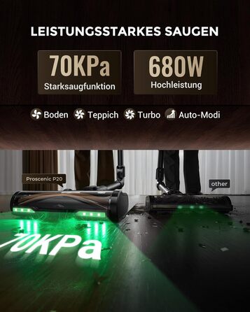Бездротовий пилосос Proscenic P20 з функцією миття, 70KPa, 70 хв, 680W, самостійна док-станція, фільтр 6 шарів, 1,5л, для килимів та шерсті домашніх тварин, Aurum Black