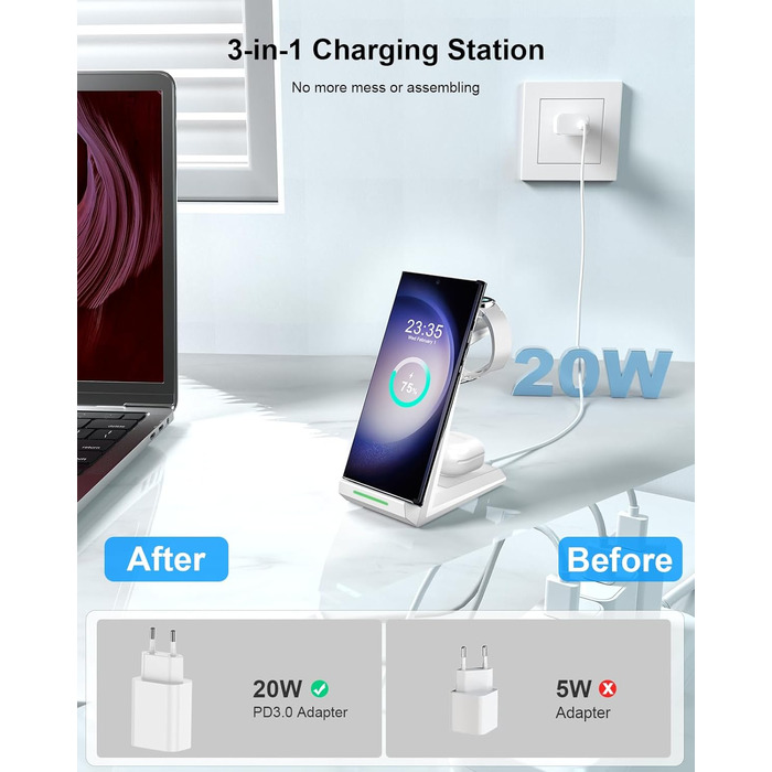 Бездротова зарядна станція NANAMI 3-в-1 для Samsung Galaxy Watch 7/6/5/4, Buds, S26/S25/S24/S22/Z Flip/Fold, Note 20 - Біла