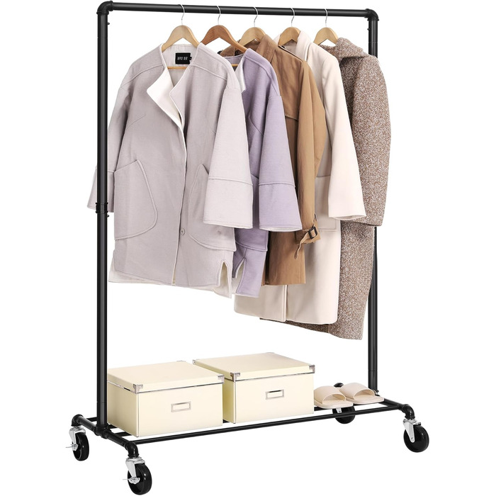 SONGMICS Clothes Rack, Garment Rod, with Wheels, Load Capacity up to 90 kg, Coat Rack with 1 Garment Rod and Shelf, Industrial Design, for Bedroom, Laundry Room, Black HSR61BK