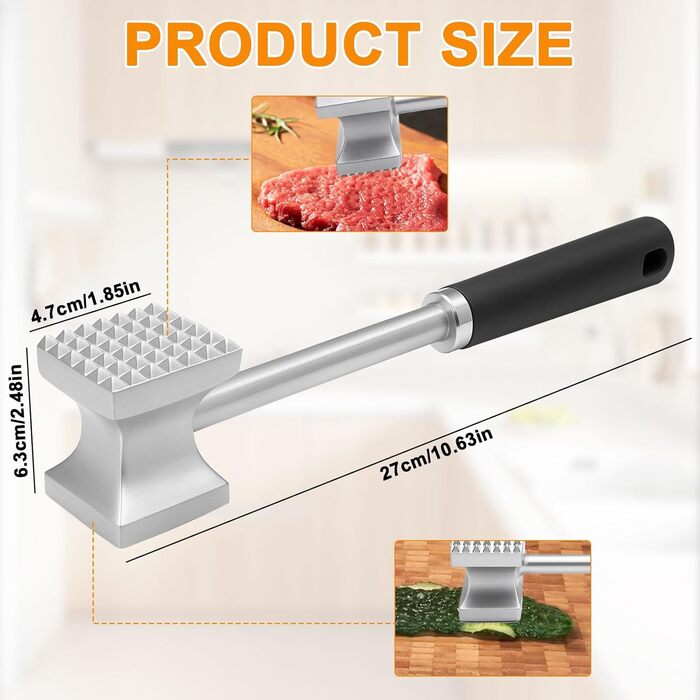 Дружил Фляйшхаммер 27 см з нержавіючої сталі - двосторонній молоток для м'яса з плоскою та зубчастою поверхнею, професійний кухонний молоток для шніцелів, стейків, котлет, яловичини, курки (стійкий до корозії та гігієнічний)