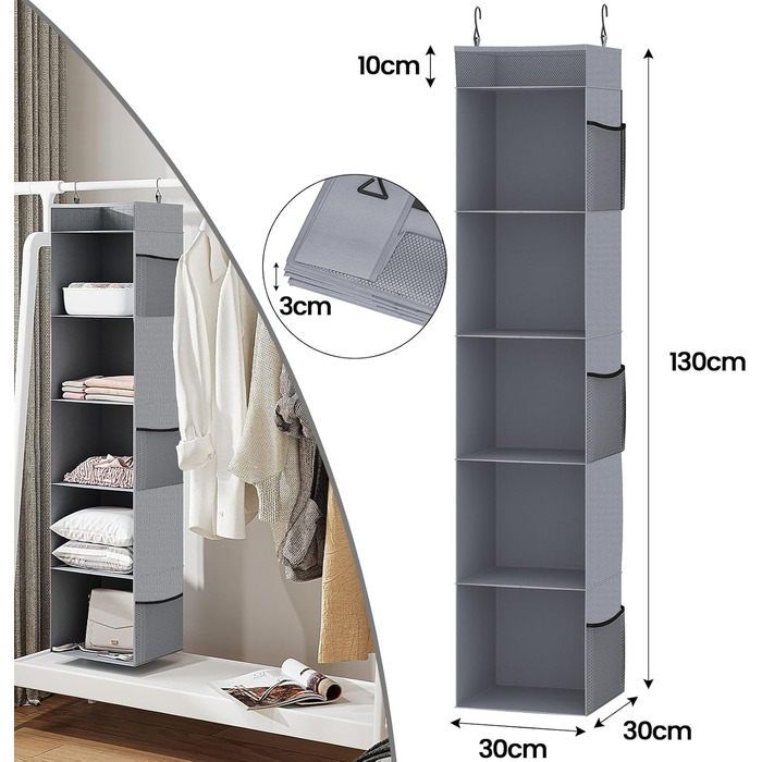 Організатор для шафи з сітчастими кишенями, 6 відділень, сірий, 30 x 30 x 130 см