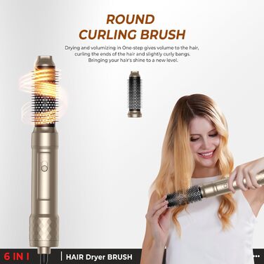 Набір Airstyler Warmluftbürste 6 в 1: фен, круглі щітки, браш, локони, випрямляч, золото