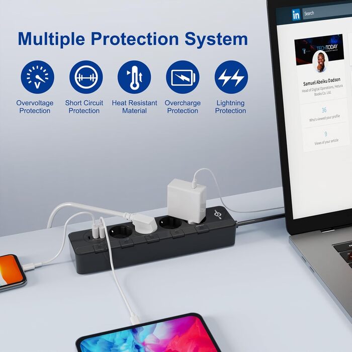 Мережевий фільтр KEPLUG з USB (4000W, 16A) - 6 розеток, 3 USB, індивідуальне вмикання, захист від дітей, 2м кабель, чорний