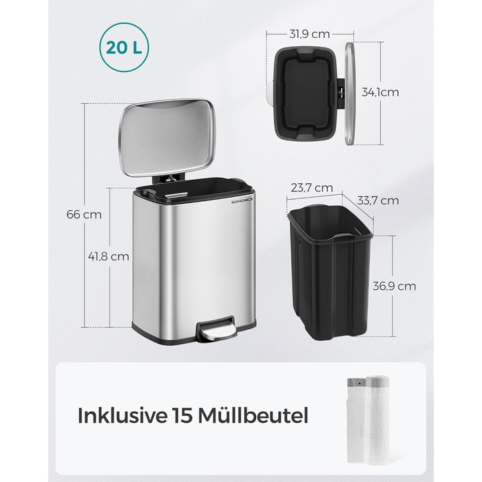 Сміттєве відро SONGMICS 20 л з педаллю, м'яким закриттям, з внутрішнім відром, 15 мішків, металеве сріблясте