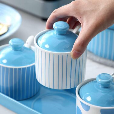 ZHIDAISHI Ceramic Sugar Bowl with Spice Jars, Blue Sugar Bowl with Lid, Sugar Storage Jar, Sugar Pot, Sugar Container, Spice Jar, Sugar Salt Pot, Seasoning Canister