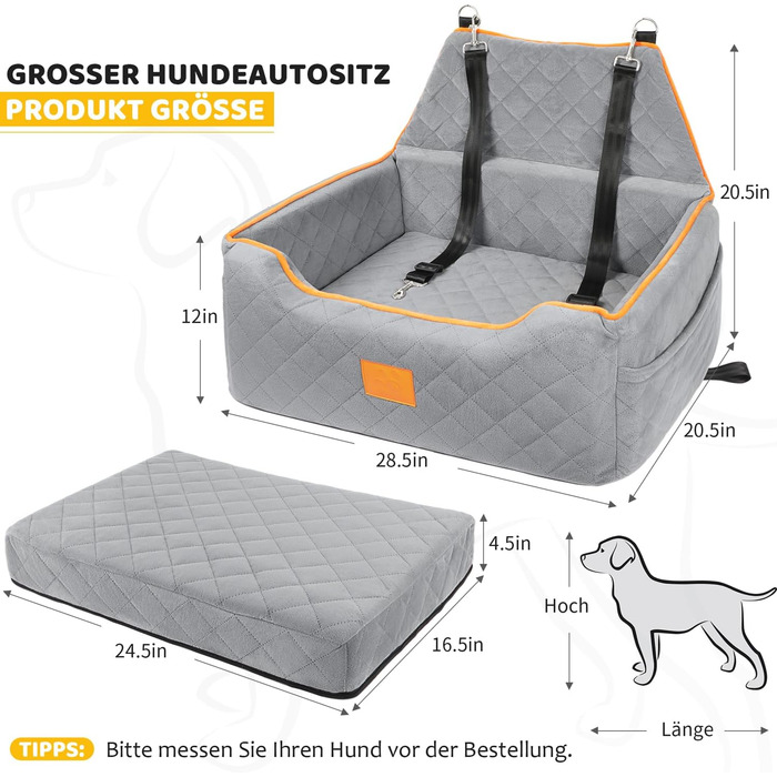 GL GLENSLAVE Dog Car Seat for Large/Medium Dogs - Elevated Pet Seat for Dogs Up to 25kg or 2 Small Dogs, Removable & Washable with Thick Cushions & Storage Pockets (Gray)