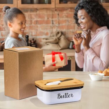 Butter dish with lid and butter spreader knife for countertop - Unbreakable metal container with high-quality double silicone seal, for kitchen farmhouse decor