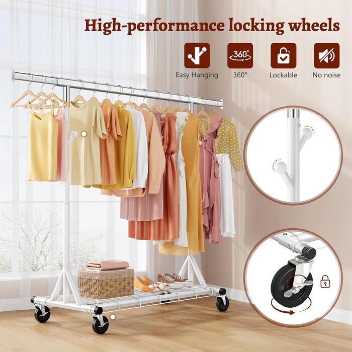 Стійка для одягу на колесах FAVOOOSTY, металева, мобільна, до 200 кг, швидка збірка, білий колір, 1 перекладина