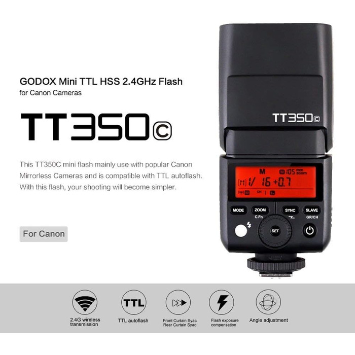 Спалах Godox TT350C TTL для Canon: 2.4G, HSS 1/8000s, GN36, сумісний з 6D, 7D, 50D, 60D, 500D, 550D, 600D, 650D, 1000D, 1100D, 1DX, 580EX II, 5D Mark II III