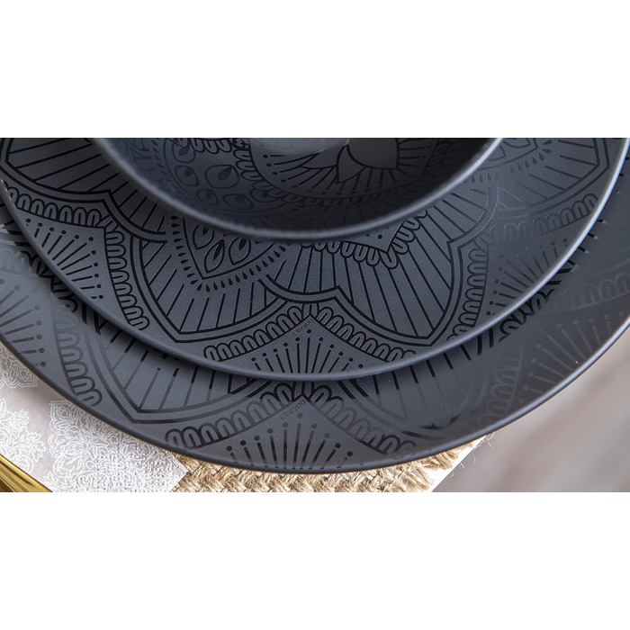 Набір тарілок та мисок Bzyoo з меламіну, 4 шт., чорний, La la Mandala. Без BPA, придатний для миття в посудомийній машині.