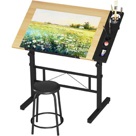 Adjustable Drafting Table with Tilt - 0-60° - Drawing Table, Computer Desk with Stool & Storage Cabinets - Wood Finish