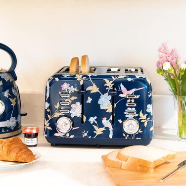 Тостер VQ Laura Ashley з 4-ма тостами, регулюванням нагріву, функцією розморожування та підігріву, нержавіюча сталь, вінтажний дизайн, з насадкою для круасанів (Elveden Marine)