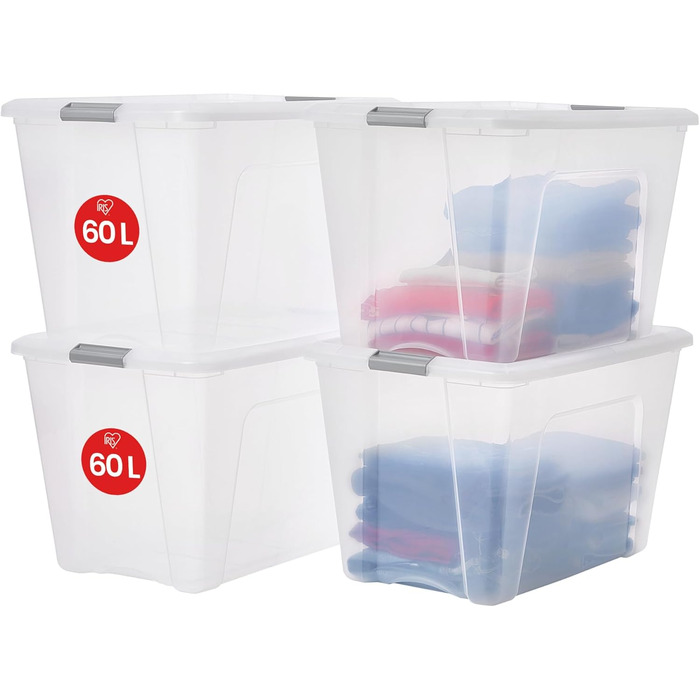 Iris Ohyama Storage Boxes with Lids, 60L, Set of 4, Silver, Secure Closure, Stackable, Handles, for Bedroom, Closet, Office, Organization, BPA-Free Plastic, Storage Boxes, NTB-60