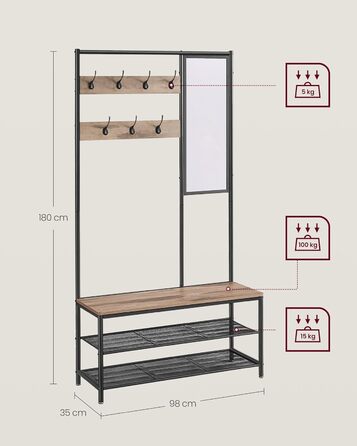 VASAGLE Coat Rack, Wardrobe, Coat Stand with Hooks, Mirror, Bench, 35 x 98 x 180 cm, for Entryway, Bedroom, Living Room, Modern, Oak-White HSR415W09 (Camel Brown + Ink Black)
