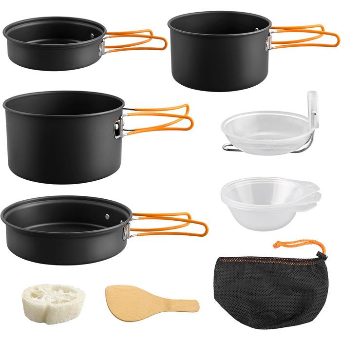 Набір посуду для кемпінгу FunyKich 17 предметів: каструлі, сковорідки, чашки, столові прибори. Підходить для 2 осіб, пікніків та походів.