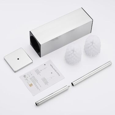 Набір для туалету ALFKET: щітка та тримач, нержавіюча сталь, з захистом від бризок, квадратна форма, з додатковою насадкою, 8x8x42.5 см, срібний