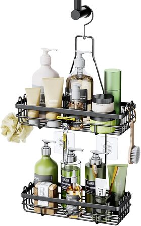 HapiRm Shower Shelf for Hanging with Razor Holder & Soap Holder, Hanging Shower Shelf with Multiple Hooks - High-Quality Hanging Shower Basket Stainless Steel No Drilling, Black