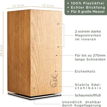 WALDWERK Knife Block without Knives - Magnetic and Swivel Knife Block Made of High-Quality Oak Wood - Knife Holder for Knives
