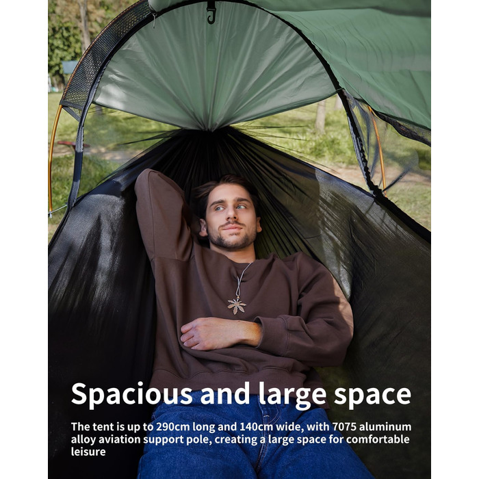 Гамак-намет для кемпінгу з москітною сіткою та сонцезахистом, 290x140 см, великий простір, багатофункціональний, легкий, з ременями для кріплення до дерева, підлоговий намет для відпочинку на природі, пішохідний туризм, зелений