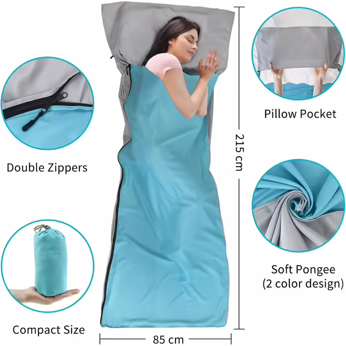 NewDoar Sleeping Bag Liner, 215x85 cm, Portable, Lightweight, Travel Sheet with Pillow Slot, Ultralight, Soft, Camping Sleeping Bag Liner, Pongee Fabric for Camping, Hiking, Backpacking, Hotels, Hostels