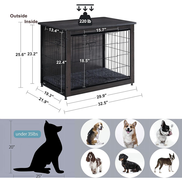 Клітка для собак DWANTON з подушкою, середнього розміру, з дерева, з подвійними дверцятами, клітка для собак, внутрішнє використання, хатинка для собак, приліжкова тумбочка, 82,5 см, темно-сірий