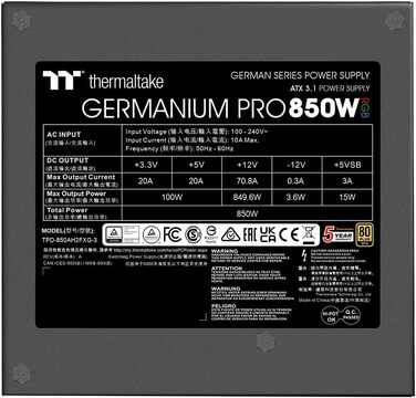 Блок живлення Thermaltake Hamburg Germanium Pro 850W, ATX 3.1, PCIe 5.1, 80 Plus White, низький рівень шуму