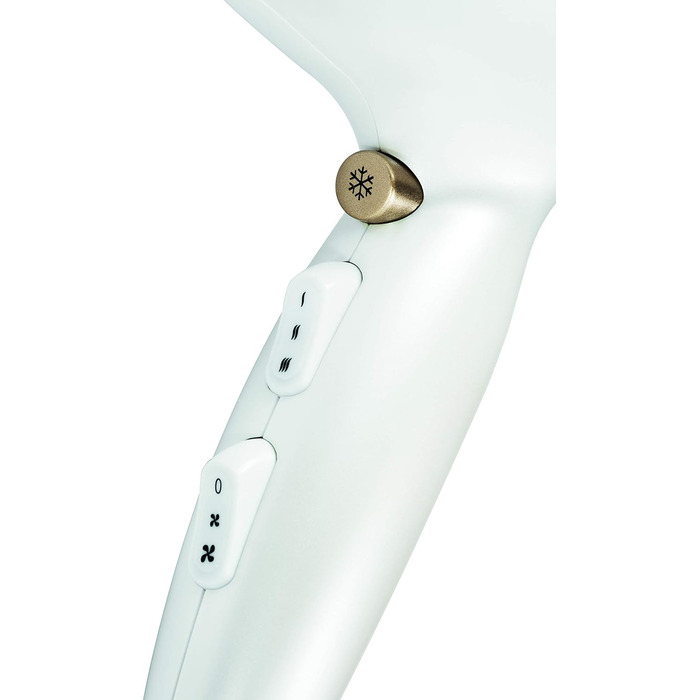 Фен ECG Vv 2200: 2 режими потужності, 3 температурні режими, іонізація, LED-дисплей, захист від перегріву, білий та золотий