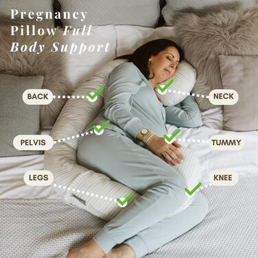 Подушка для вагітних BellaMoon 3-в-1 – підтримка всього тіла, C-подібна форма, для сну, годування та як ліжко для малюка, знімний бавовняний чохол (Waterleaves)