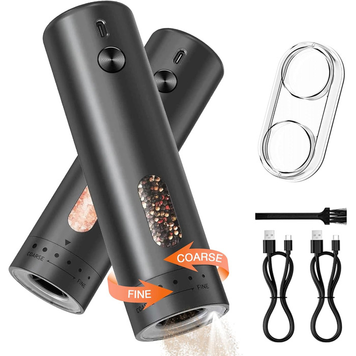 MERTTURM Electric Salt and Pepper Grinder Set with Stand, USB Rechargeable, Automatic Salt and Pepper Dispenser with Large Capacity, External Grind Adjustment for Kitchen (2-Piece Set)