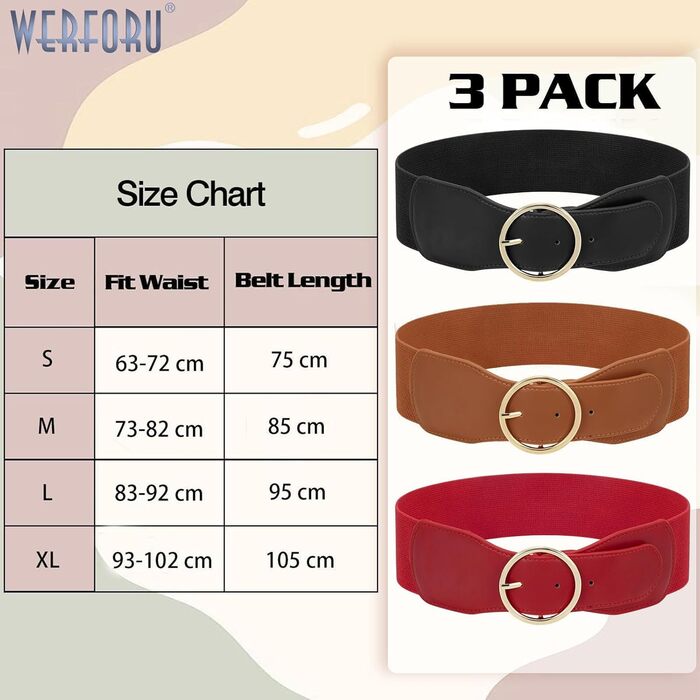 Еластичний ремінь для талії WERFORU 3 шт. для жінок. Широкий пояс для суконь, джинсів. Розміри S/M (63-82 см)