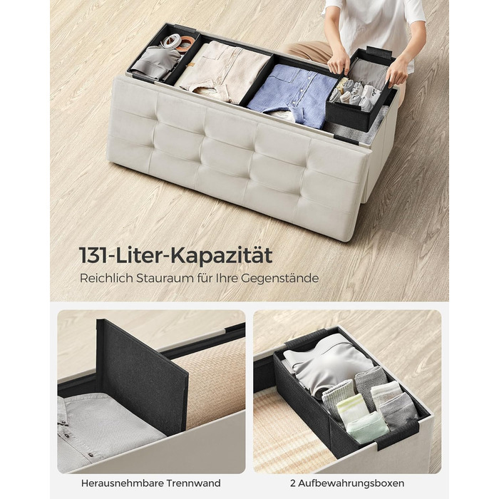 Скриня-банкетка SONGMICS з місцем для зберігання, складана, 110×38×38 см, пуф для передпокою, спальні, вітальні, кремово-біла, витримує до 300 кг