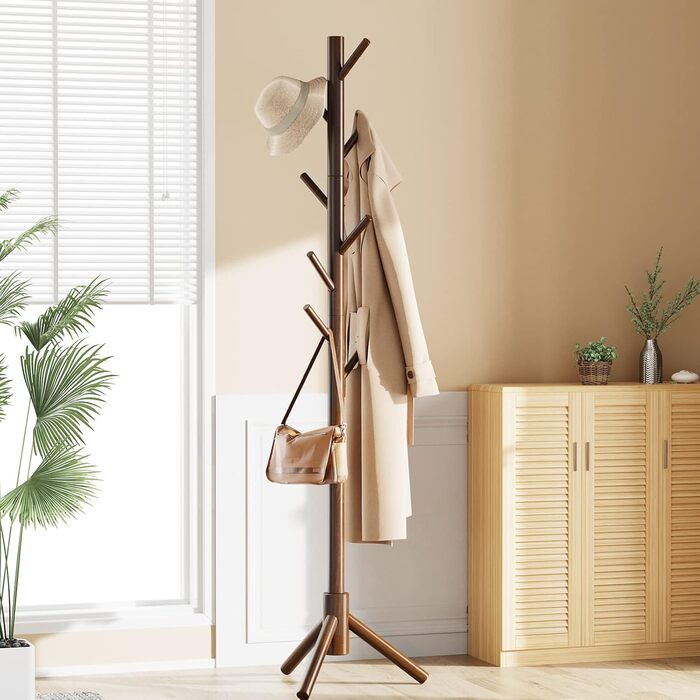 Pipishell Coat Rack, Clothes Rack, Garment Rack, Tree-Shaped Wardrobe, 3-Height Adjustable, for Clothing, Hat and Handbag, for Living Room, Bedroom or Office, With 8 Hooks, (Brown)