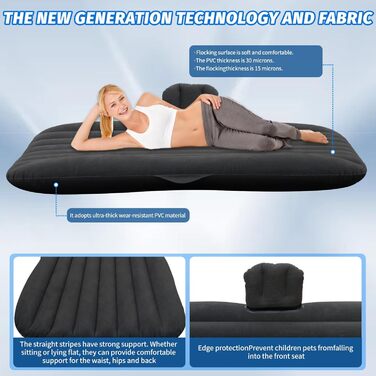 Надувна автомобільна повітряна матрац-ліжко для заднього сидіння, кемпінг, автомобіль, чорний (135 × 83 см)