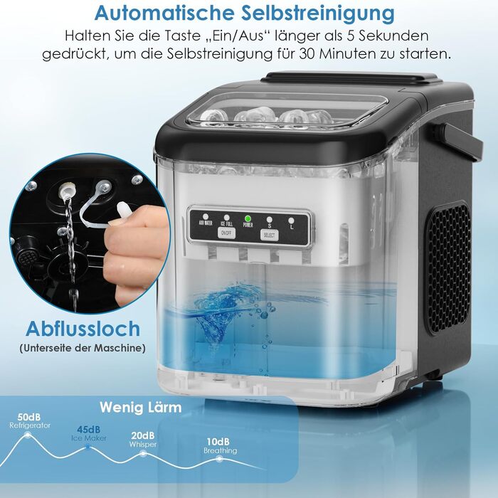 Машина для приготування льоду, 12 кг/24 год, чорна. Виробляє 9 кубиків за 6 хвилин, 2 розміри кубиків, самоочищення, з лопаткою та кошиком. Підходить для дому, офісу, бару, вечірки.