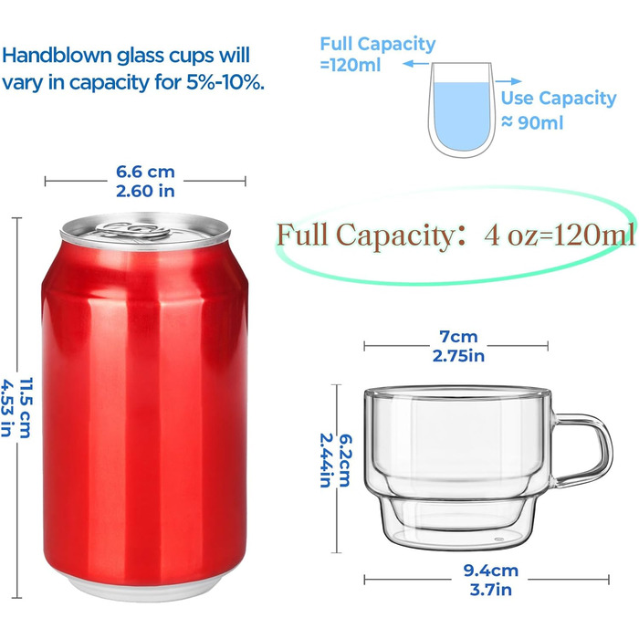 Glastal Stackable Glasses 120ml Espresso Glasses Double-Walled Espresso Cups Glass 2-Piece Set, Double-Walled Coffee Glasses Tea Glasses Espresso Cups Set for Tea, Milk, Gift for Women Men
