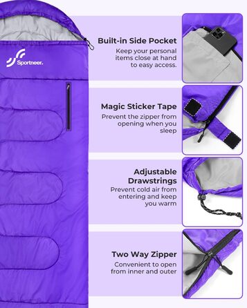 3-4 Season Sleeping Bag - Waterproof, Lightweight Sleeping Bag for Camping, Travel & Outdoor Activities - 220x84cm, 1.9KG (Violet)