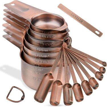 Measuring cup and spoon set, 18/8 stainless steel, measuring cups and spoons, metric and US measuring tool set, durable, 7 cups and 9 spoons, 1 leveler for baking and kitchen