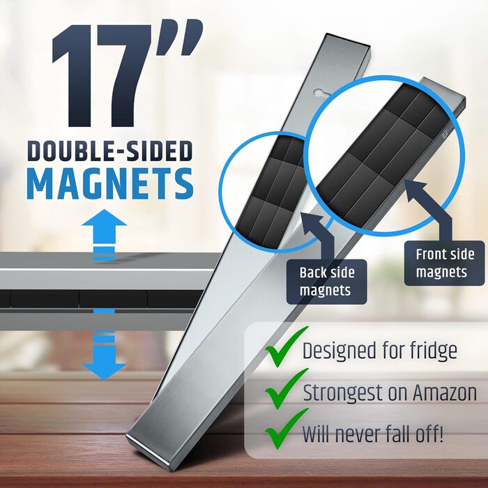 Premium 43cm Magnetic Knife Strip for Refrigerator - Non-Slip, Extra Strong Double-Sided Magnetic Knife Holder - Space-Saving Magnetic Knife Rail with Strong Magnetic Attraction
