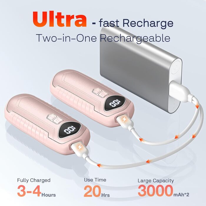 Електричні грілки для рук 2 шт. - перезаряджувані, портативні, 6000mAh, рожеві