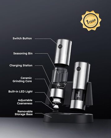 Електрична мельниця для солі та перцю FORLIM, USB-зарядка, з LED-підсвіткою, регульована ступінь помолу, 7 рівнів, 2 шт. (чорний+білий)