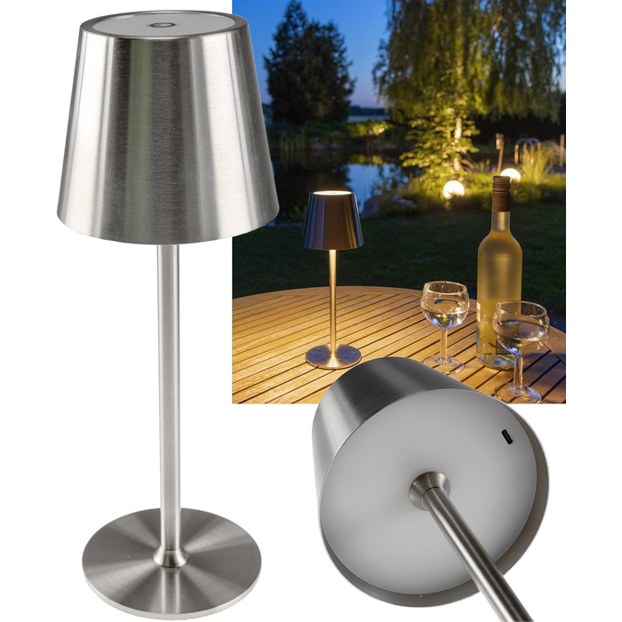 Настільний світильник акумуляторний ChiliTec 30см, LED, димується, USB зарядка, IP44, тепле світло, сенсорний вимикач, срібний